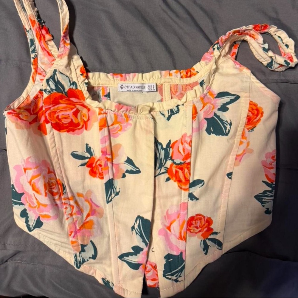 Stradivarius Floral Crop Top Corset in Cream and Orange